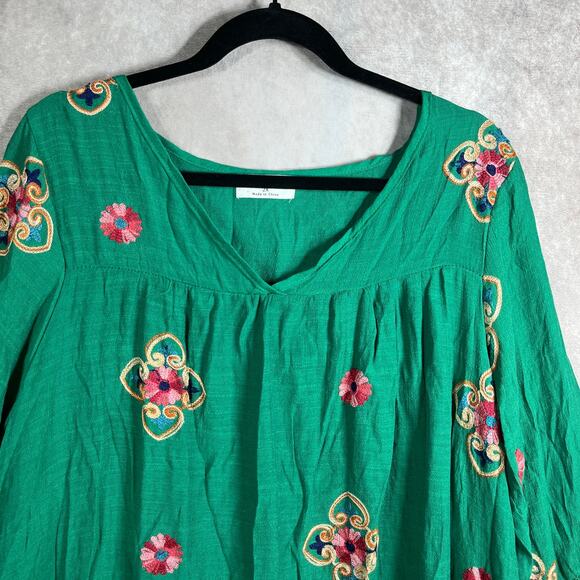 Kindred Top Womens 2X Green Floral Crochet Trim 3/4 Sleeve V-Neck Boho Casual - Picture 2 of 9